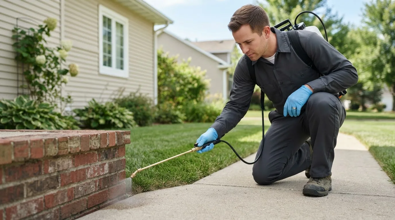 Pest control technician treating a home near Tallmadge, OH